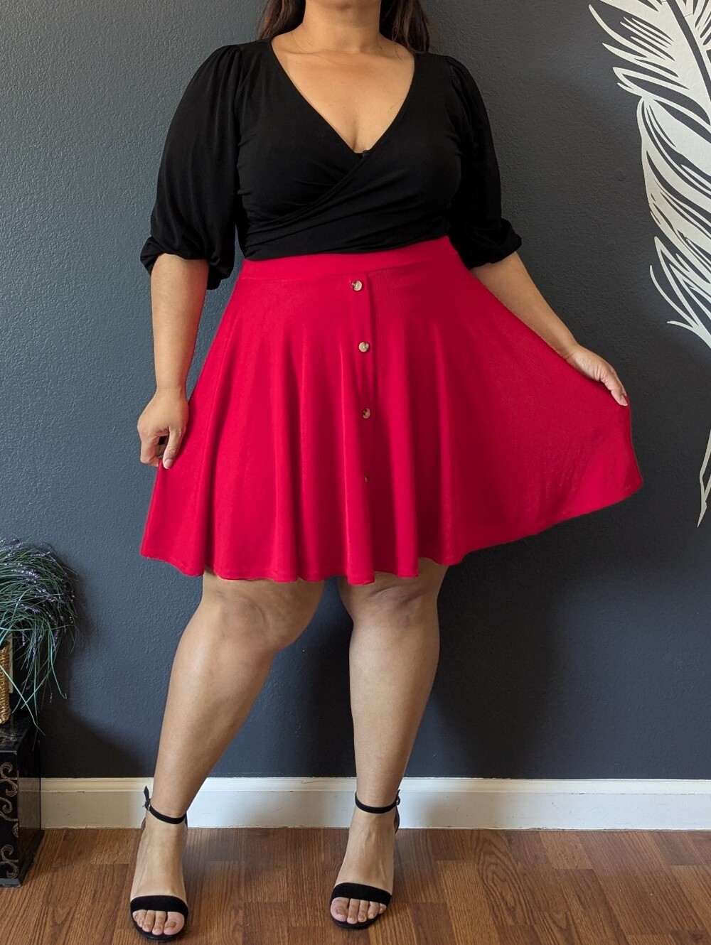 Flared Button-Front Red Skater Skirt